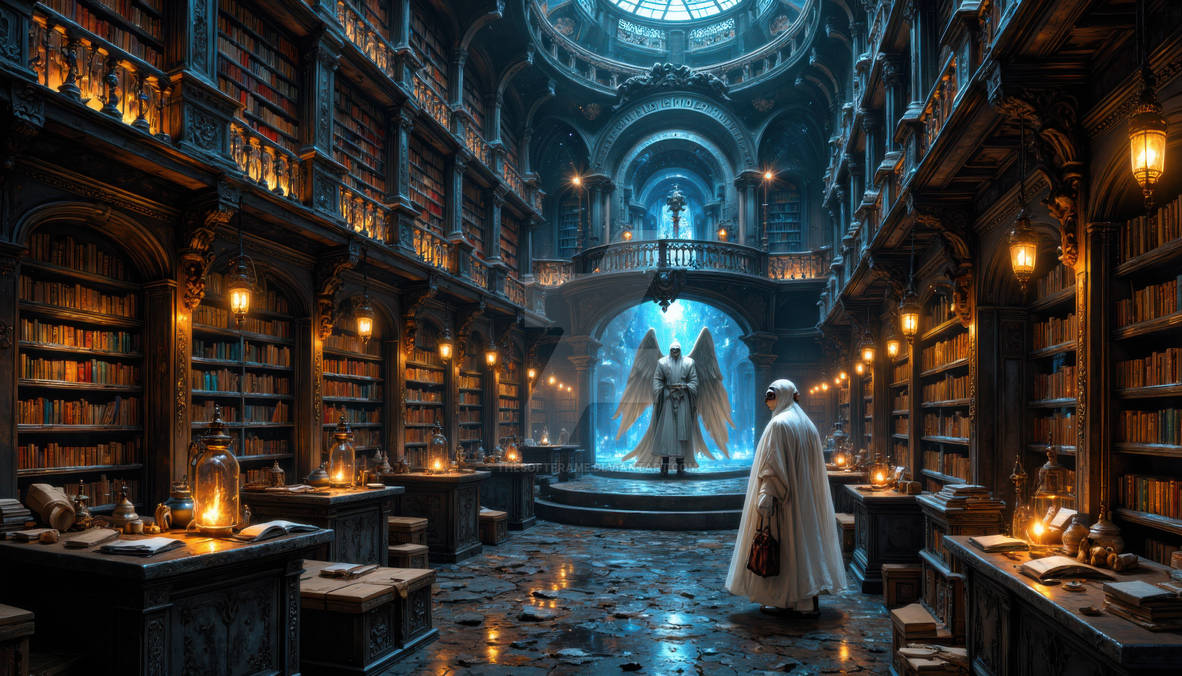 Evocation Library Artwork Mystical Library with Angelic Statue and Figure by TheSoftFrame on ...