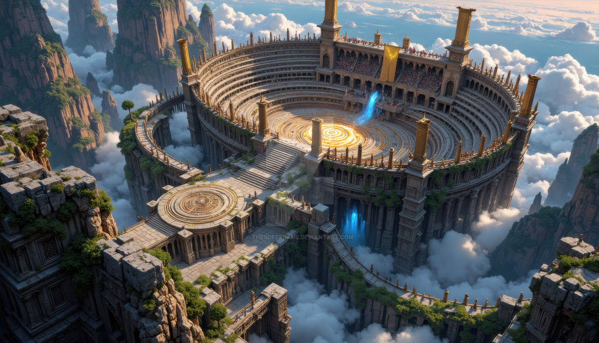 Memory Arena Structure Majestic ancient arena structure perched atop moun by TheSoftFrame on ...
