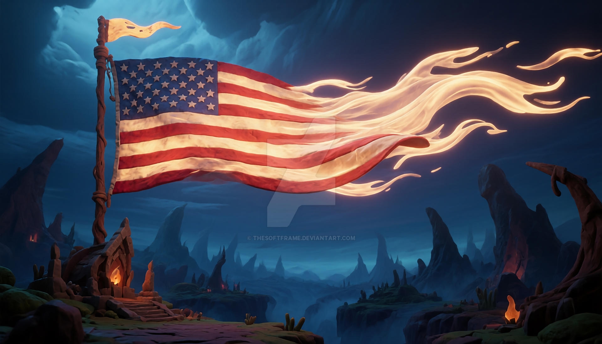 Fiery Flags American flag with fiery wisps over fantasy landsc by TheSoftFrame on ...