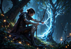 Archer rests by glowing blue tree in dark forest