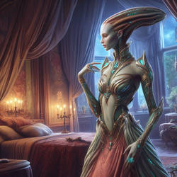 IA,Medieval Scifi,solo,female Alien,Tech dress