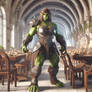 IA,medieval F,solo,female Orc,armure,lunchroom