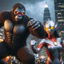 IA,kaiju,KingKong,vs,Ultrawoman rouge blanc,ville