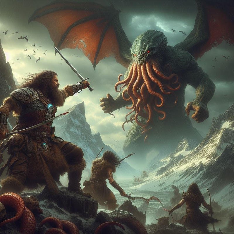 IA,barbarian fight cthulhu,North At the Mountains