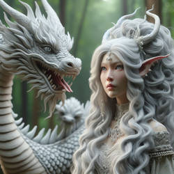IA,elf demon,silver hair,familier dragon,foret