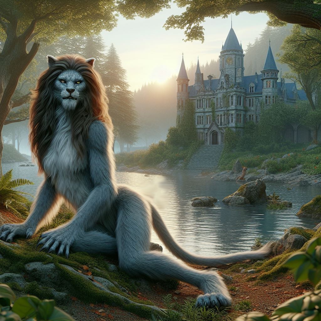 IA,Anthro felin Werelioness woman blue bleu forest