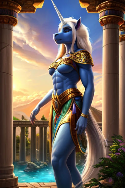 IA,Medieval F,anthro licorne unicorn,white hair,