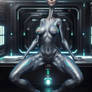 Alien Woman Bald Longneck Scifi Silver Bodysuit