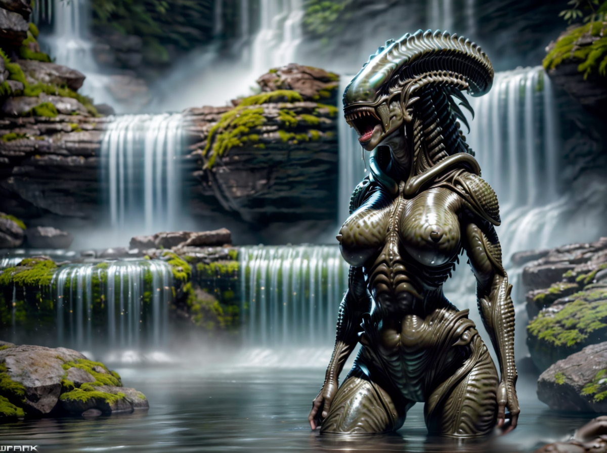 Prehistoric Alien Xenomorph Woman In Waterfall