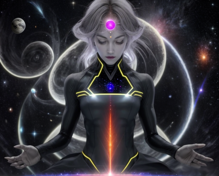 alien woman Plaiadian, grey skin,aura cosmic