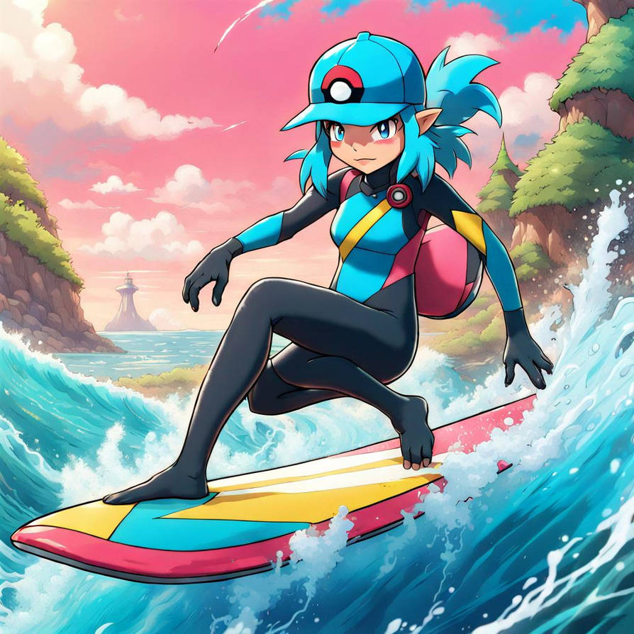 Pokemon Rosa Water Pokemon trainer rosa surfing wearing wetsuit by dermum on DeviantArt
