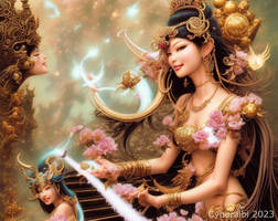 Goddess playing piano - Mixed media and ai art