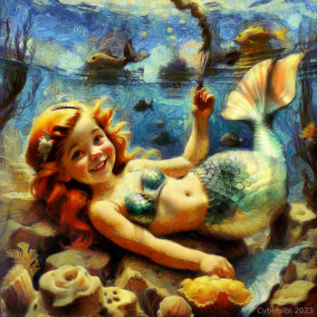 Cute baby mermaid - Mixed Media and AI Art