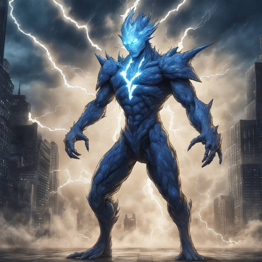 Humanoid Kaiju Kafka Hibino with blue powerful lig