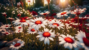 Red and White magical daisies in a fantasy garden