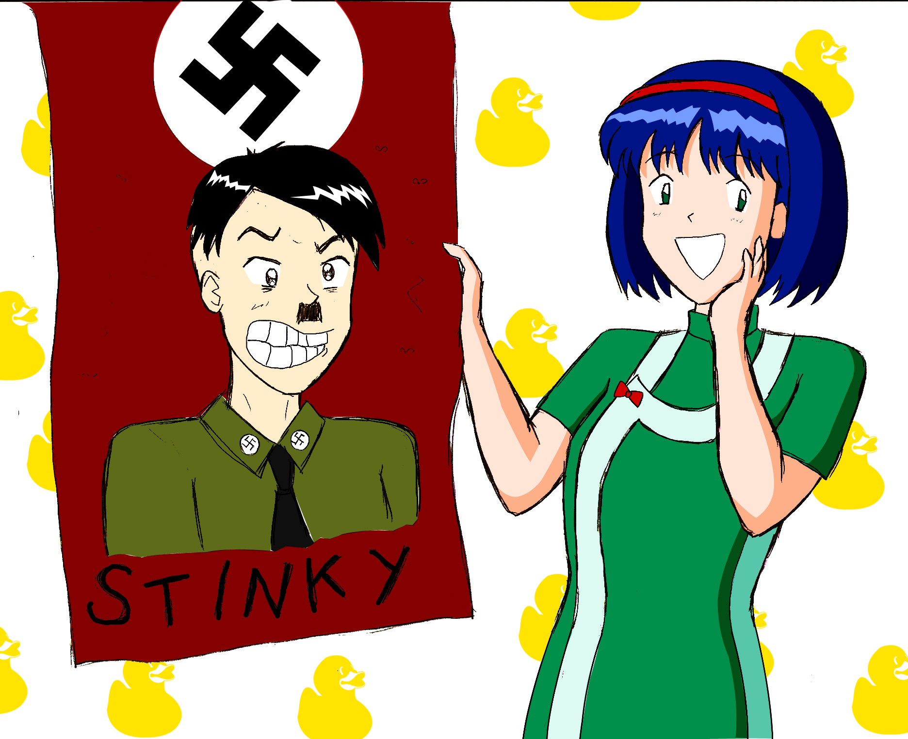 Erika with a portrait of Hitler labeled as STINKY