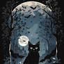 A cute black cat with a full moon