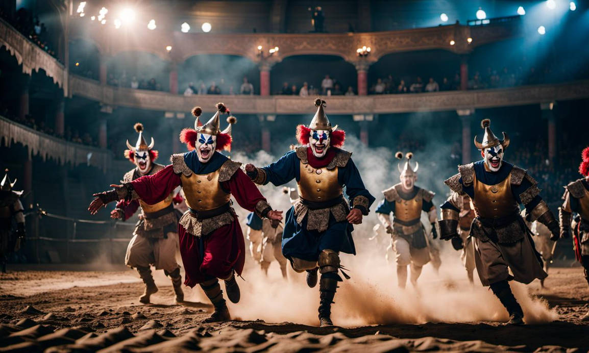 Fantasy setting, medieval clowns race around a min by KeithVII on