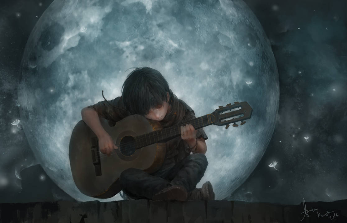 Красива луна песня. Парень с гитарой арт. Мальчик с гитарой арт. Гитарист арт. Парень с гитарой на крыше.