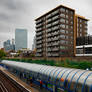 DLR train tracks and station with brick building