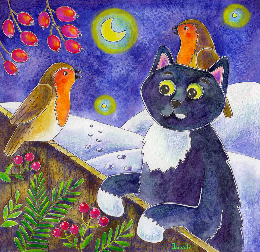 Two robins and a cat are up to something by InnaOzevetz on DeviantArt