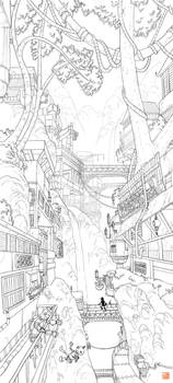 waterfall city - lineart W.I.P