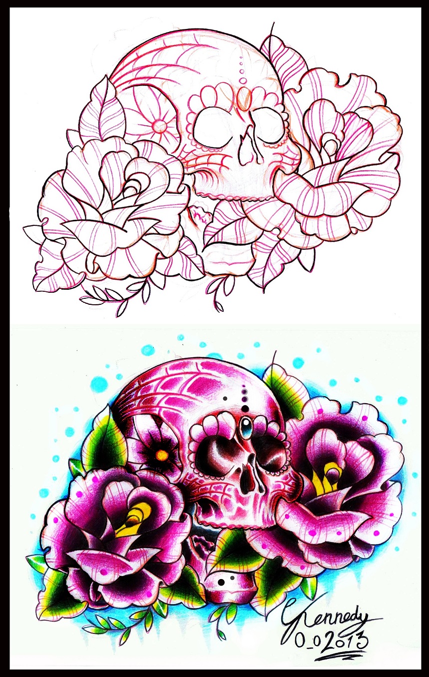 old school candy skull and roses tattoo design