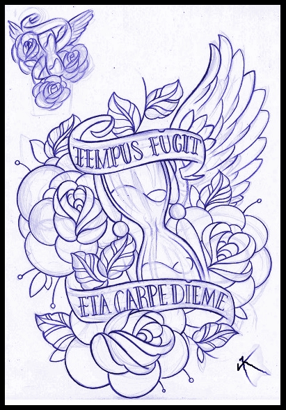 Hourglass and roses tattoo design