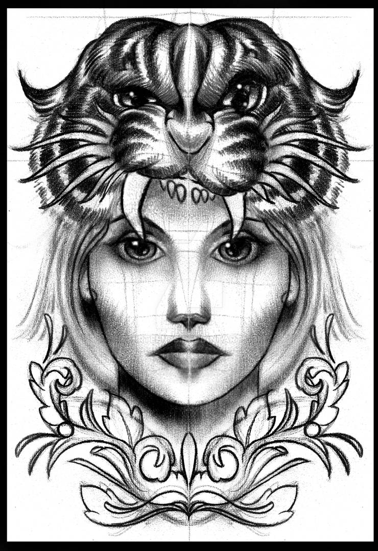 Tiger head girl tattoo design by thirteen7s on DeviantArt