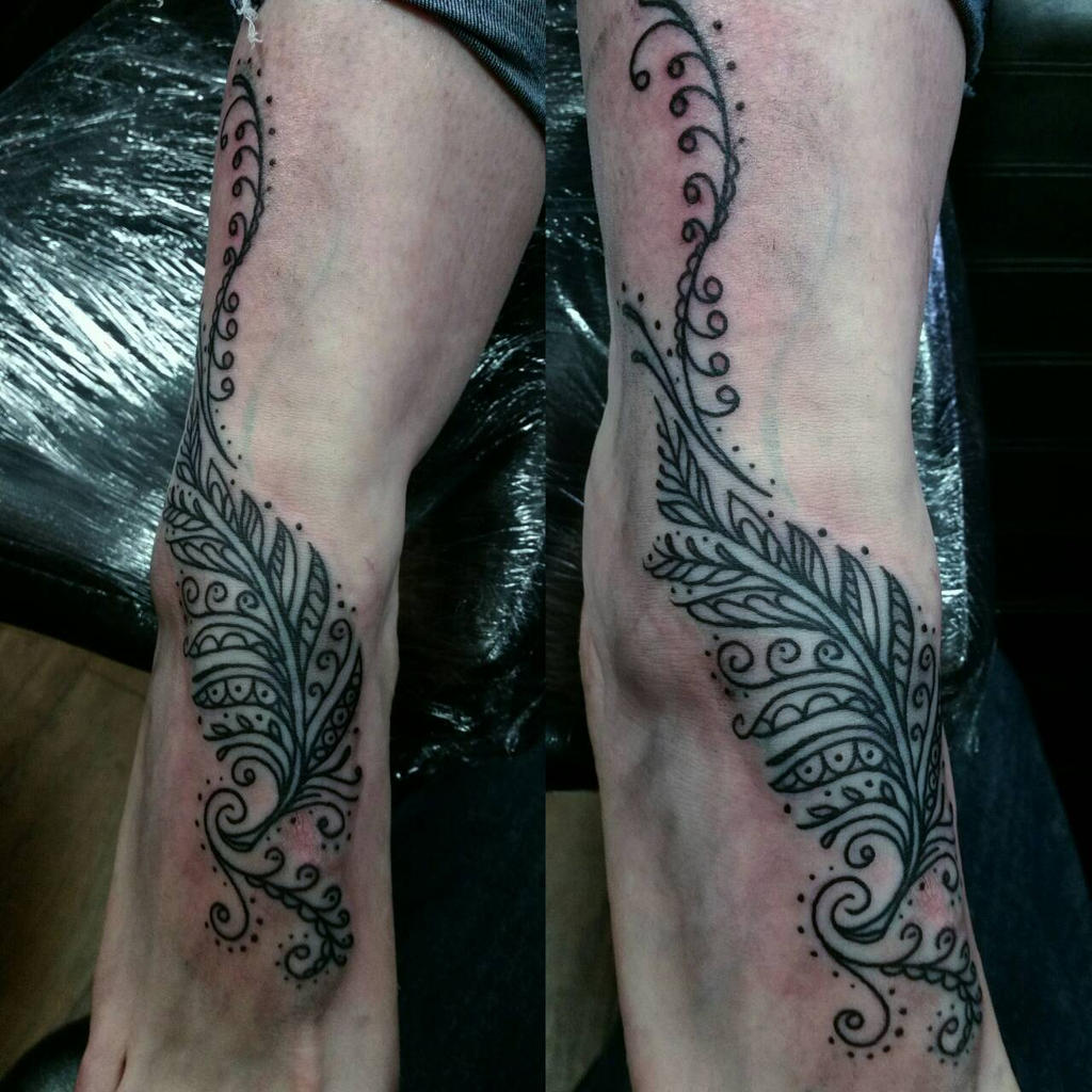 mendhi style feather foot tattoo