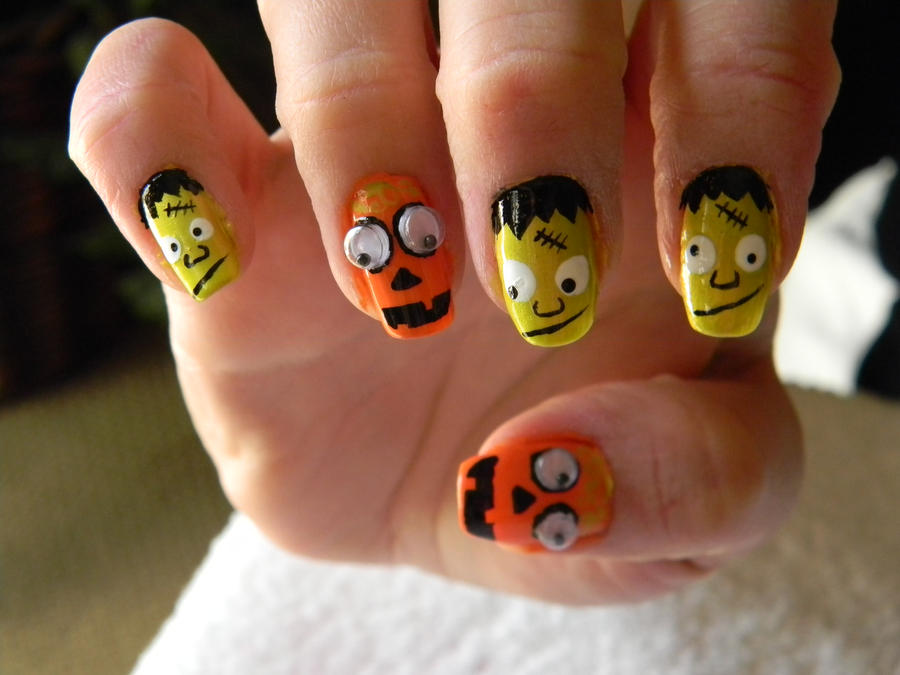 Frankenstein And Pumpkin Nail Design Halloween By Thepetiteshop On Frankenstein And Pumpkin Nail Design Halloween By Thepetiteshop On