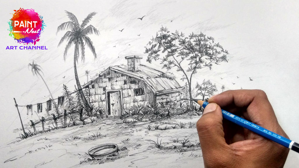 How to Draw a simple Landscape - Easy Pencil Drawing 