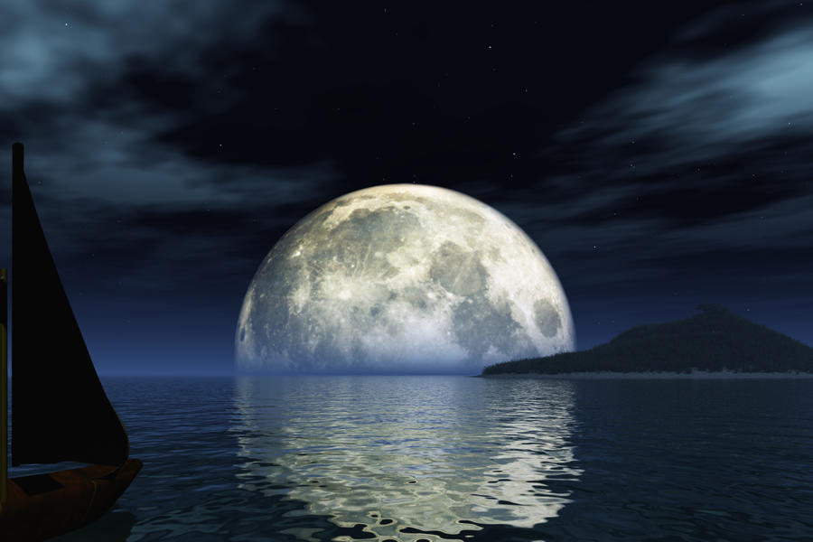 Страна ночи 3. Лунный пейзаж. Луна и море. Отражение Луны в море. Белая Луна над морем.