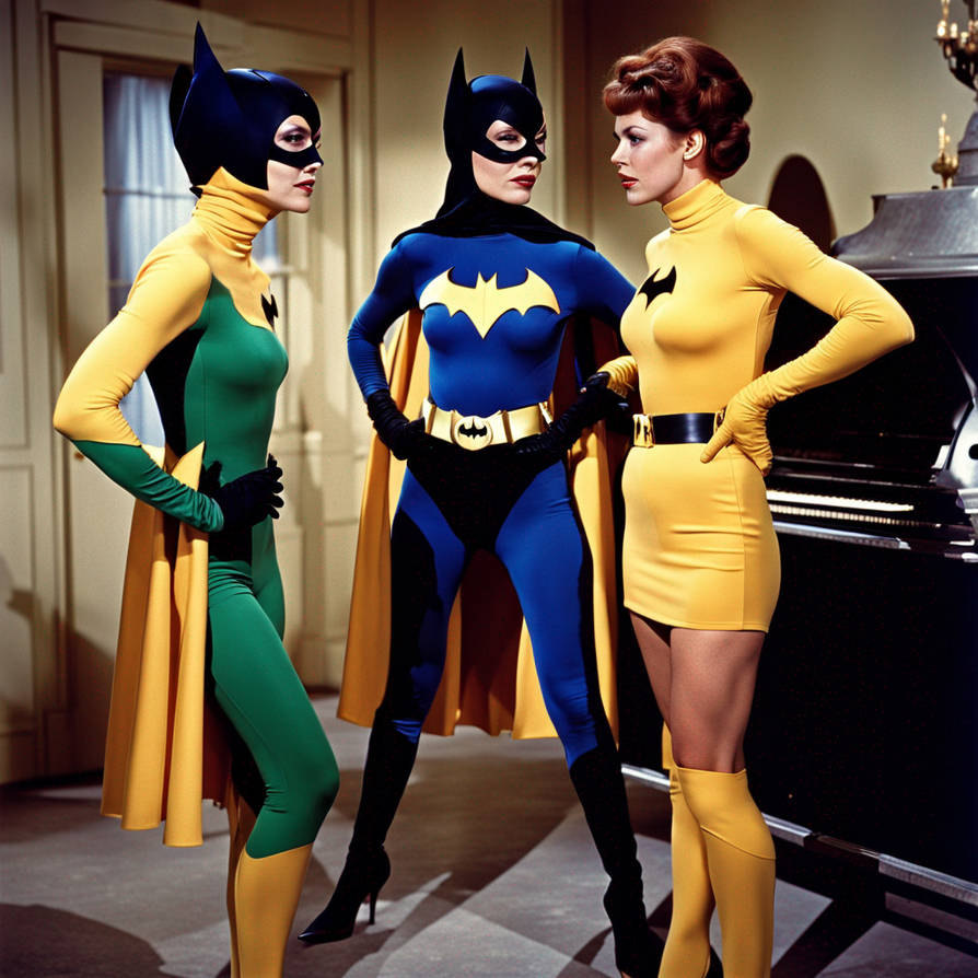 Yvonne Craig with 2 women wearing Batgirl costumes
