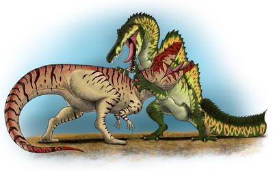 Spinosaurus vs Carcharodontosaurus by Aesirr