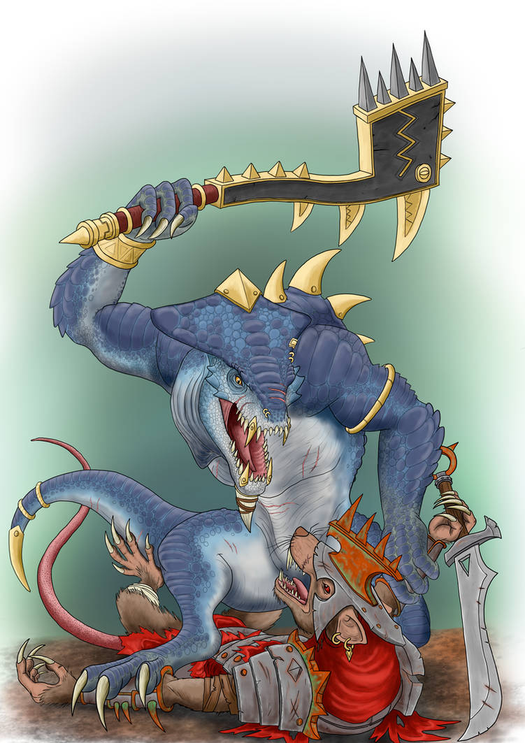 Takea Saurus Saurus Warrior fighting Skaven FINISHED by Aesirr on DeviantArt