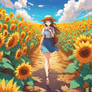 A beautiful young woman walking among sunflowers 4