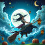 Beautiful Witch riding her broom past a bright ful