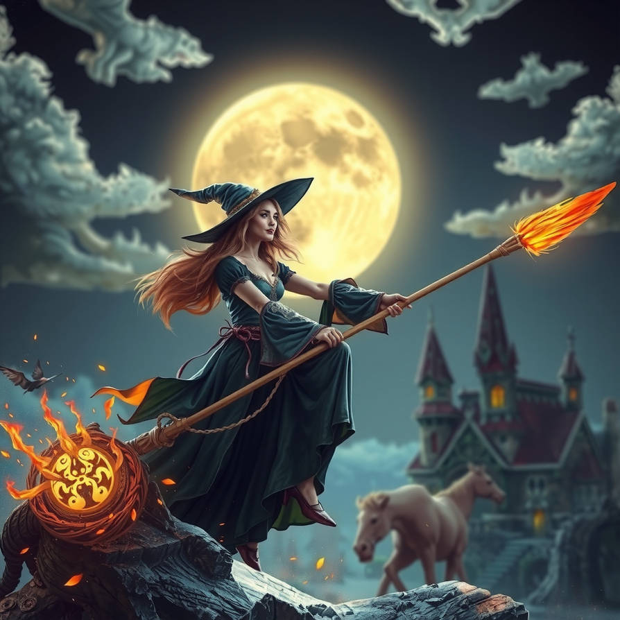 Beautiful Witch riding her broom past a bright ful by teabound on ...
