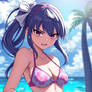 Pretty girl in a bikini looking angrily at the vi