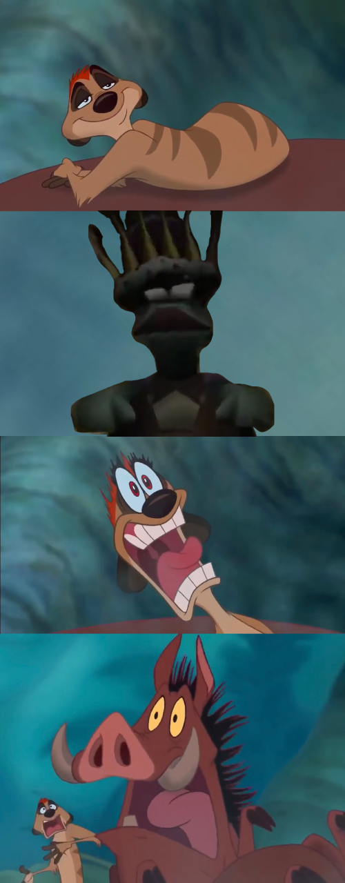 Zombified King Jingaling Scares Timon and Pumbaa