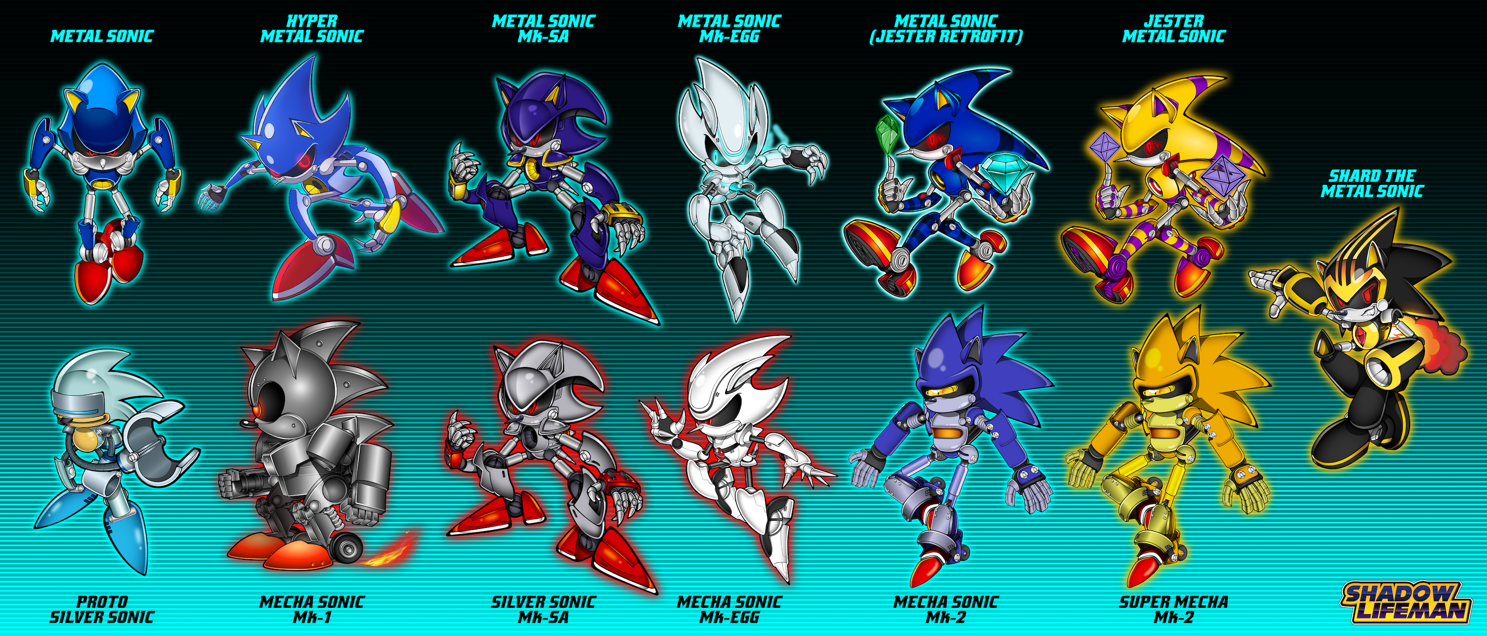 Metal Sonic D, blue and white robot cat character illustration