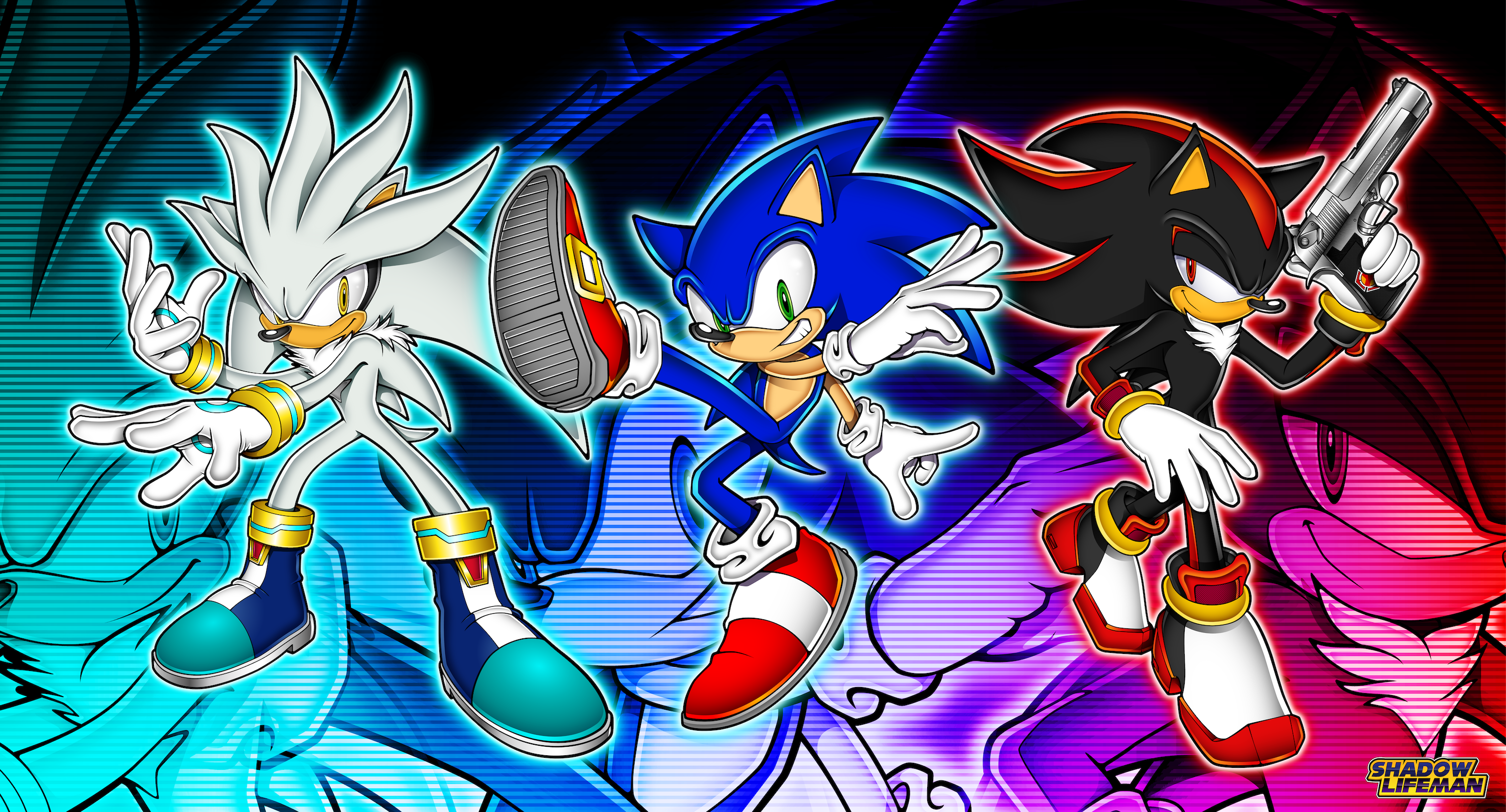 sonic the hedgehog, shadow the hedgehog, and silver the hedgehog (sonic)  drawn by deya_(tiolimond)