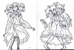 Three headed Reimu and Three headed Alice