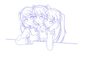 Three Headed Ponytail Girl Watching Smartphone