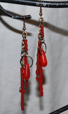 Scrap Metal Blood Red Glass Bead Earrings with Vi