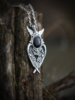 Antiqued Silver Black Gothic Wings Pendant