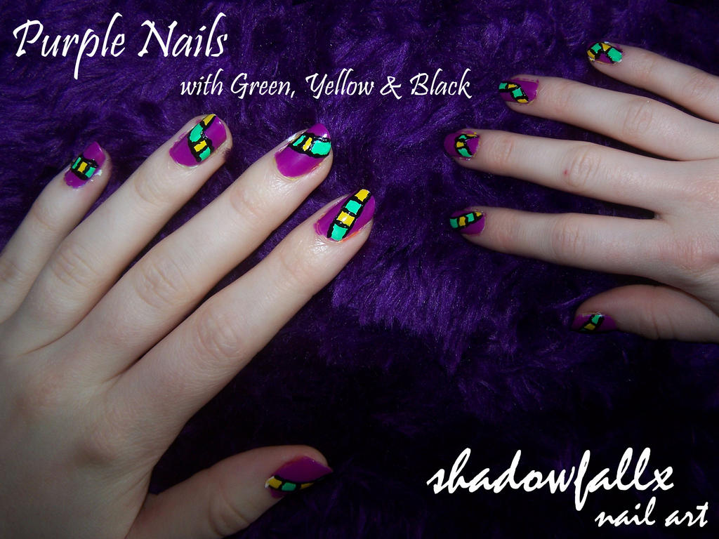 Purple, Green, Yellow and Black Nails