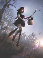 Witch flying on broomstick