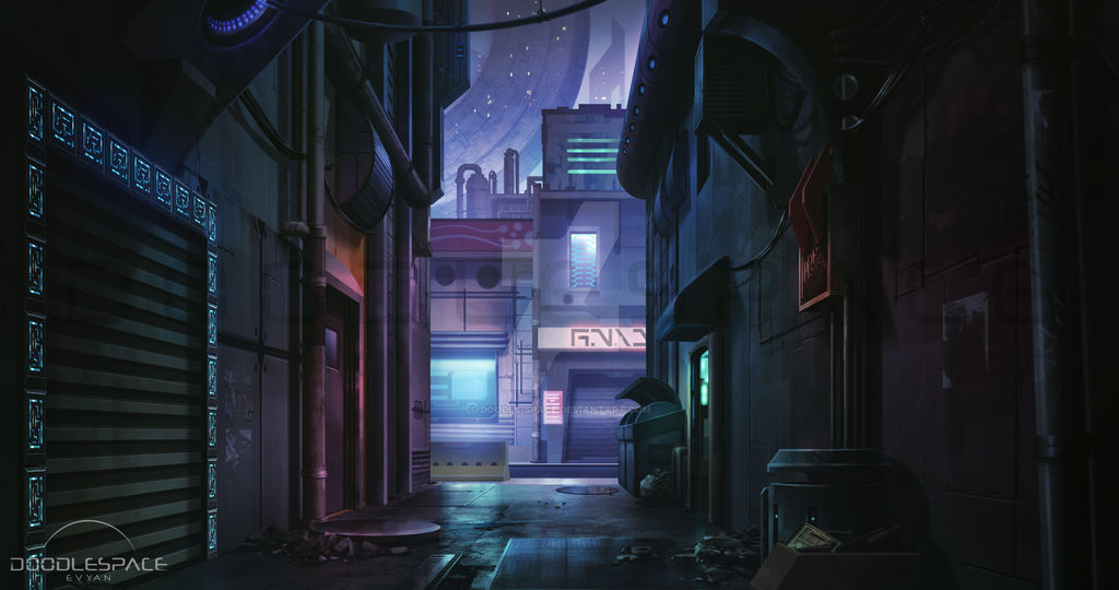 Shady Alleyway-Night | Background Illustration Art by doodle-space on